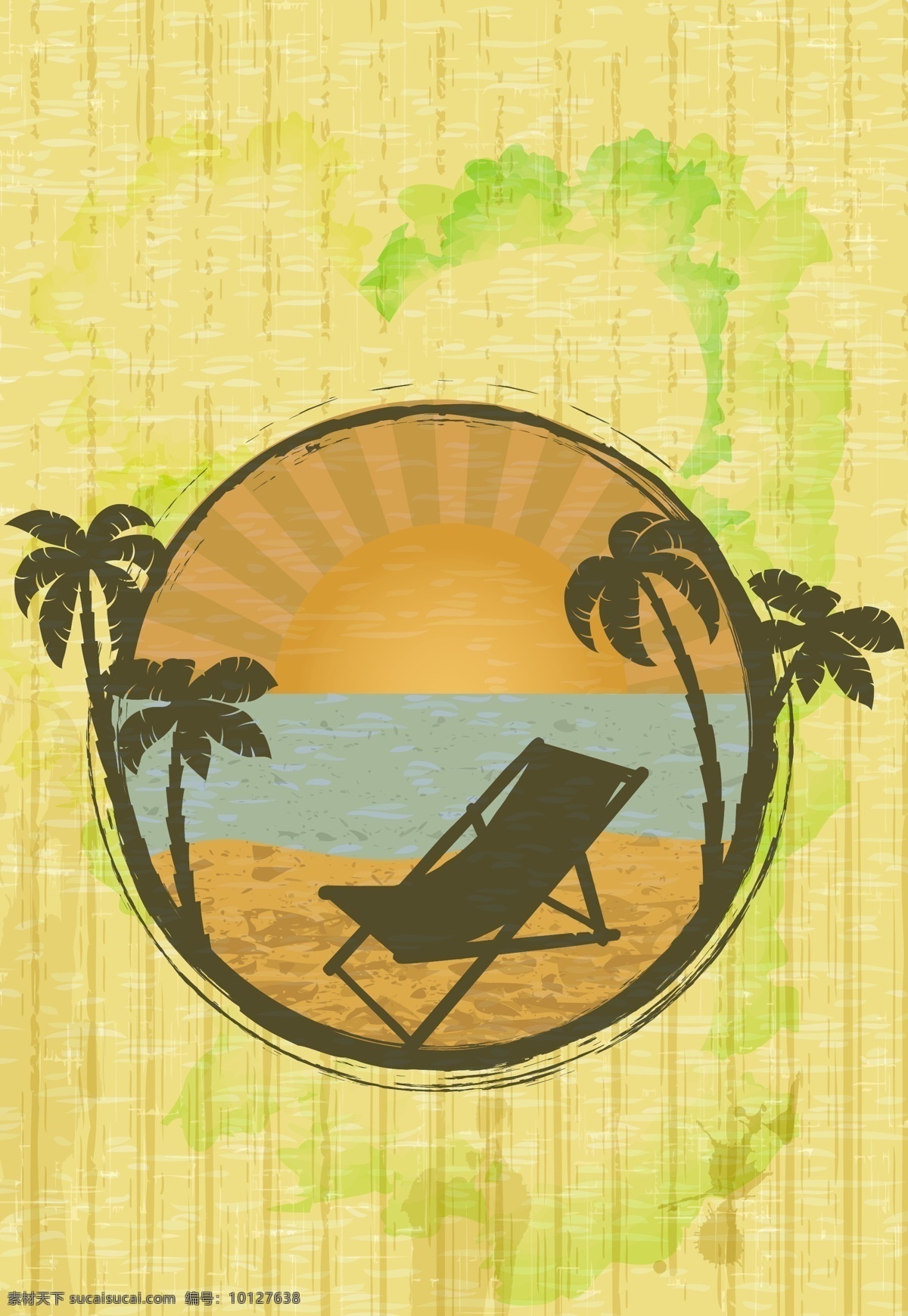 怀旧 夏日 海滩 风景 插画 矢量 模板下载 夏日海滩风景 怀旧背景 椰树 椰树插画 底纹边框 矢量素材 黄色