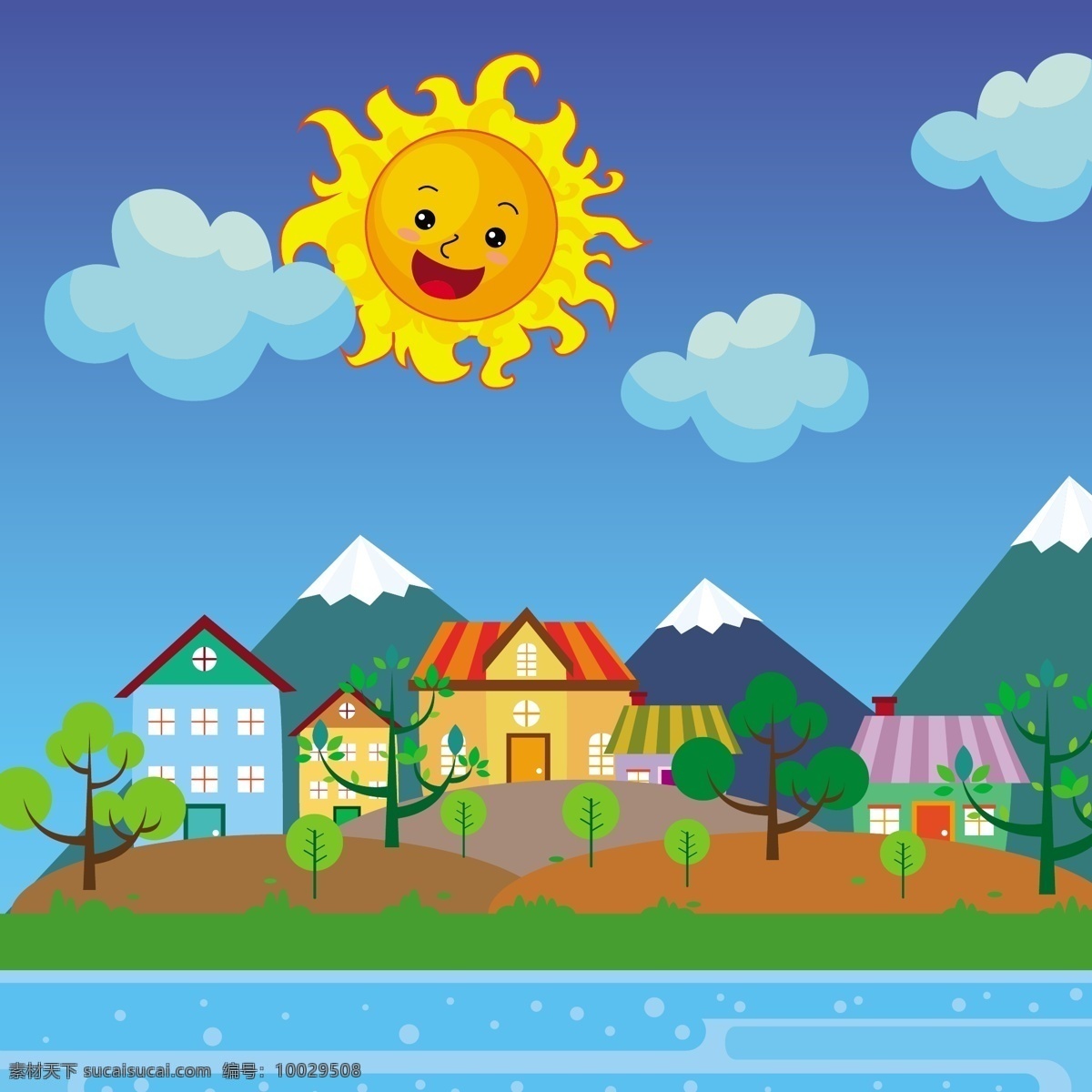 城市 阳光 绘制 彩色 卡通 风格 背景 图 广告背景 背景素材 广告 绿色小树 太阳 云朵 蓝色天空 房子 建筑