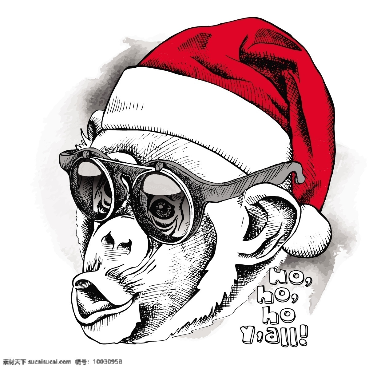 手绘 猴子 可爱 动物 圣诞节 海报 矢量 带着帽子 红色 圣诞帽 卡通 圣诞节卡片 插画 铅笔画 黑白 眼镜 圆圈