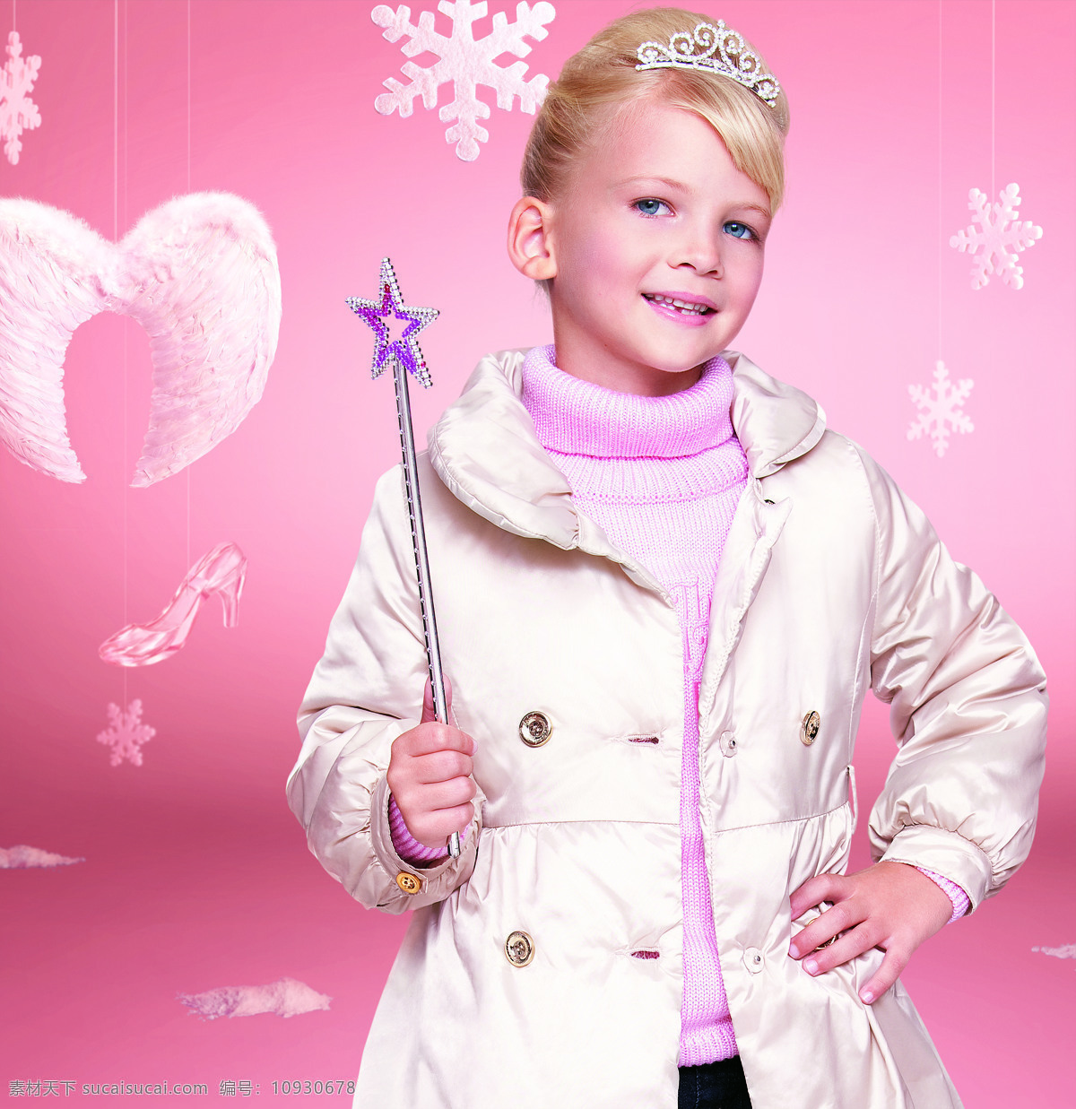 女孩 外国 金发 小天使 粉色 背景 童装 雪花 儿童幼儿 人物图库