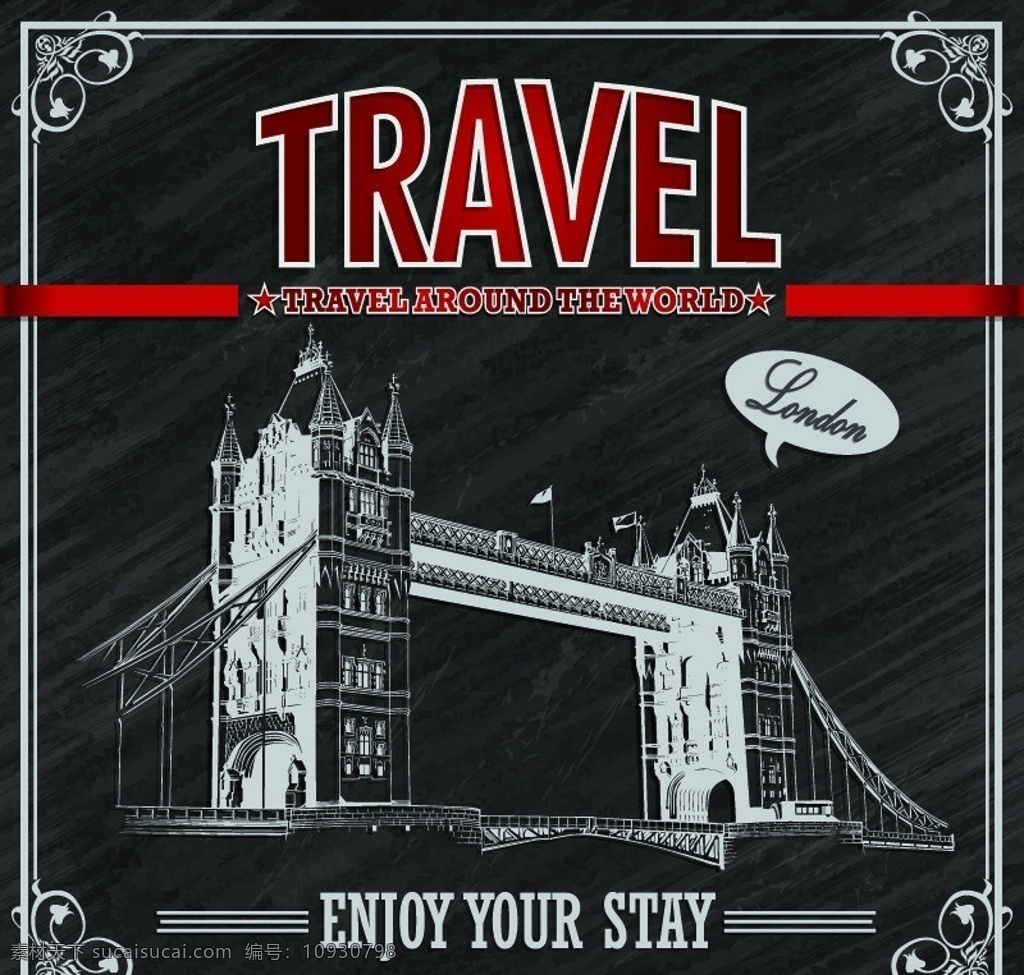 复古旅游海报 复古城市 旅游 度假 游玩 英国伦敦塔桥 矢量