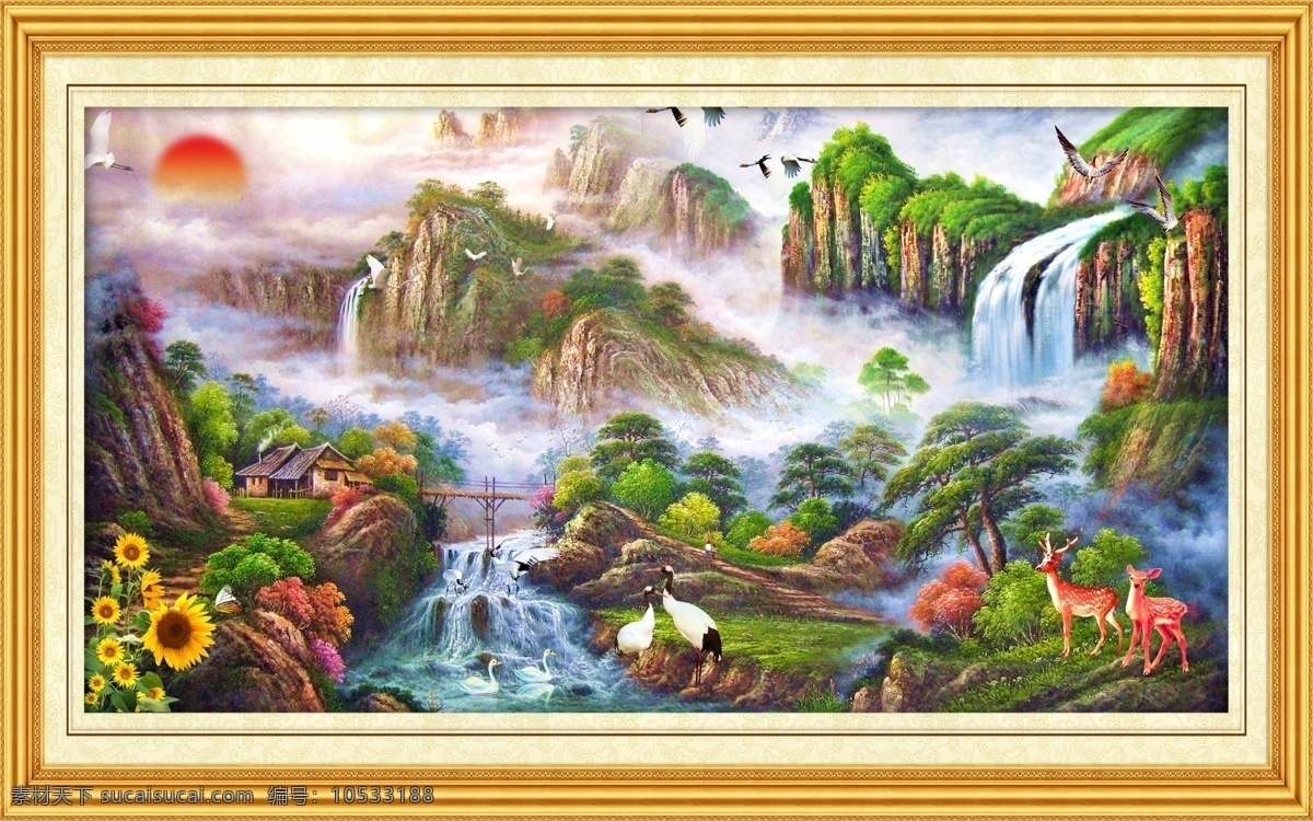 油画风景 中堂画 油画 壁画 风景壁画 风景山水壁画 山水画 瀑布 山水风景 瀑布风景 山水 风景画 自然风景 风景 客厅画 大厅画 风水画 家居装饰画 室内装饰画 室内装饰 休闲场所装饰 画框 相框 镜框 边框 山水挂画 山水壁挂 大树 天鹅 小屋飞鸟 太阳 雪山 湖光山色 蓝天 白云 仙鹤 中堂壁画 分层 源文件