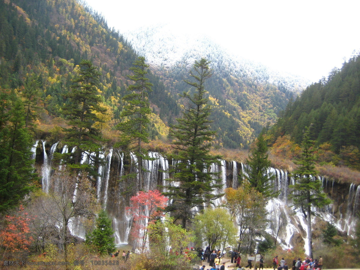 九寨沟瀑布 九寨沟 诺日朗瀑布 雪山 红叶 黄叶 雪景 秋景 游人 自然风景 自然景观