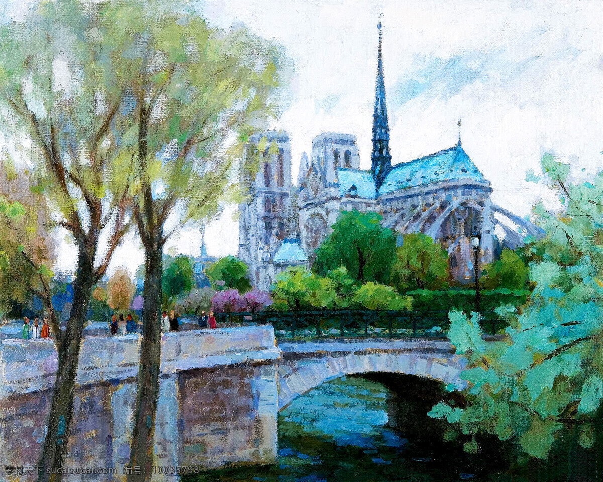巴黎圣母院 美术 绘画 油画 风景油画 法国风光 城市 街景 桥 树木 油画艺术 油画作品16 绘画书法 文化艺术