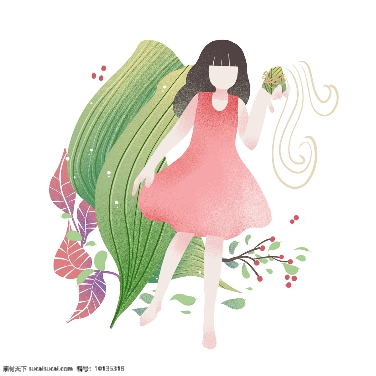 端午节 粽子 女孩 插画 端午节插画 绿叶装饰 绿色的叶子 植物装饰 传统习俗 美味的粽子