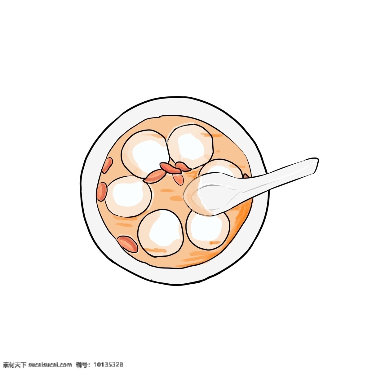 手绘 卡通 创意 美味 食物 汤圆 插画 美味汤圆 美食 美味的食物 芝麻汤圆 枸杞汤圆 碗 汤勺 吃汤圆