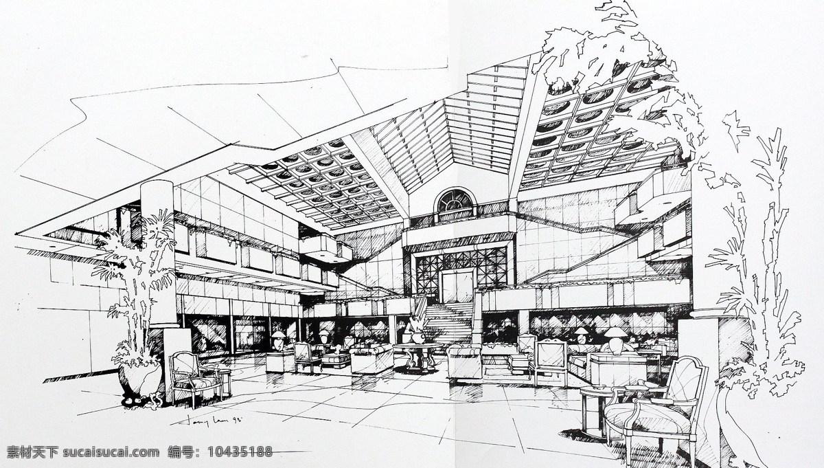 室内设计 手绘 效果图 酒店大堂 植物 环境设计