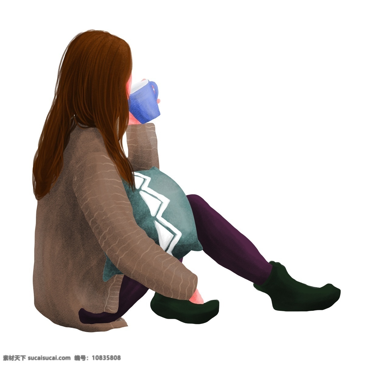 简约 女孩 坐在 地上 喝水 原创 元素 卡通 设计元素 毛衣 休息 原创元素