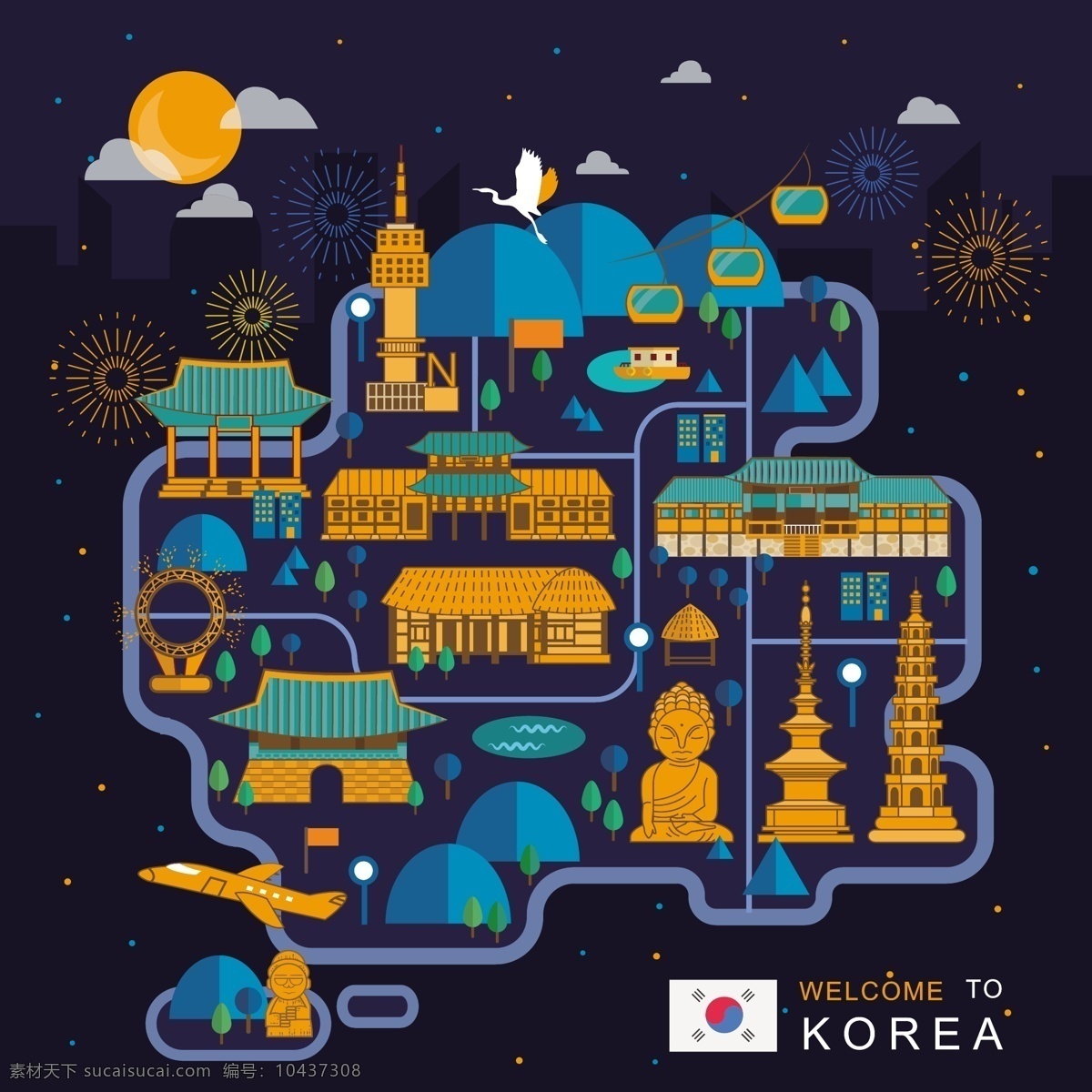 韩国 夜晚 旅行 地标 美食 手绘 地图 月亮 云朵 创意设计 背景