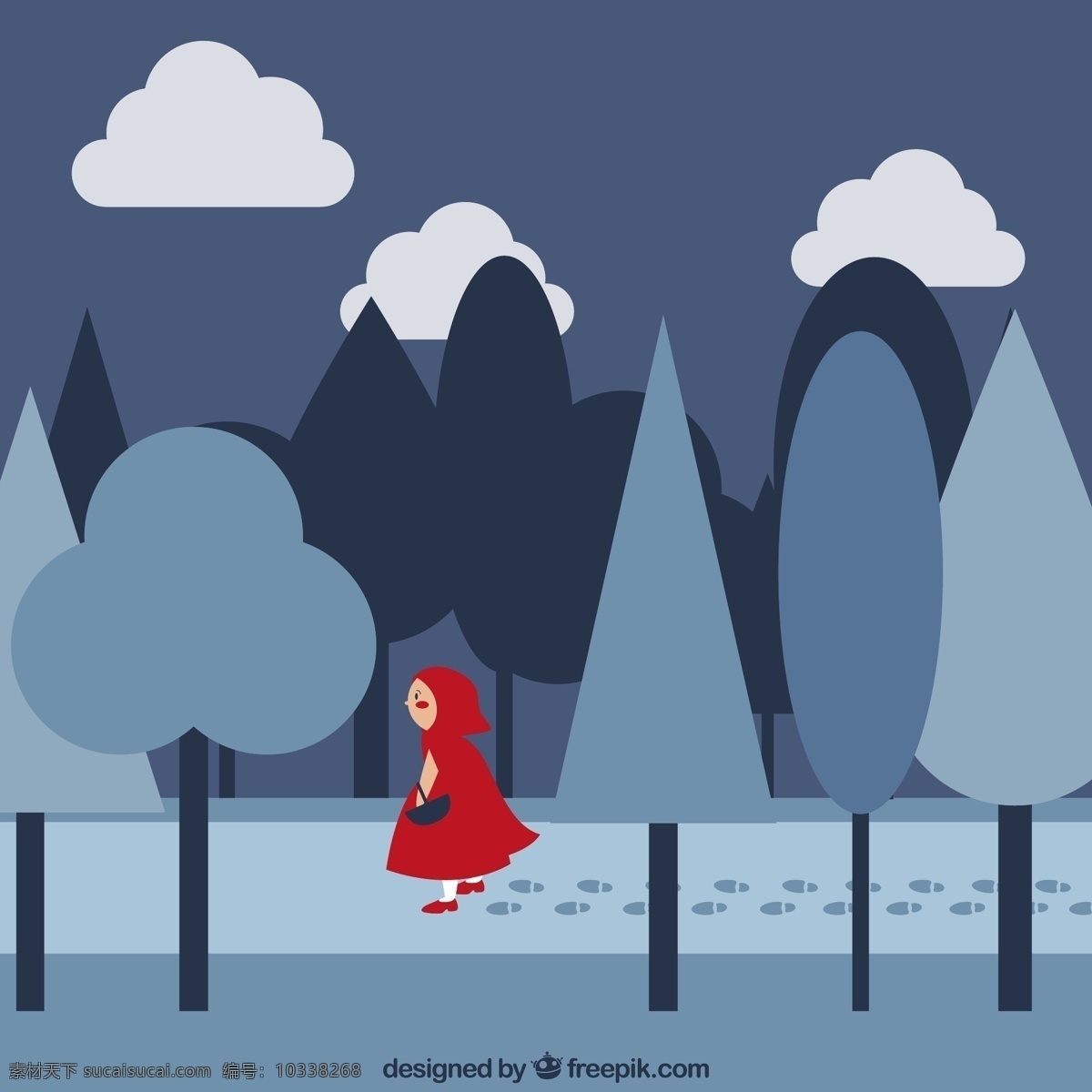 行走 森林 里 小红帽 云朵 脚印 树木 女孩 蓝色