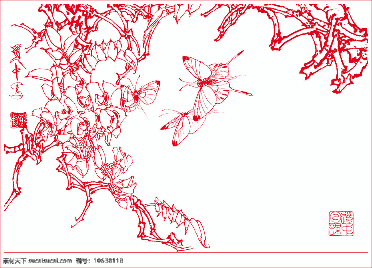 白描 线描 绘画 书画 花草白描 花草线稿 草虫 花草 蝴蝶 绘画书法 文化艺术