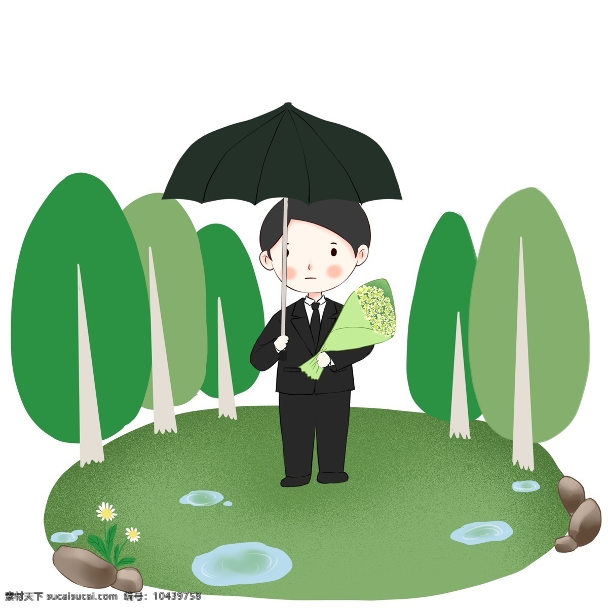 清明节 男孩 祭祀 免 扣 祭祖 祭拜 上坟 菊花 下雨 绿树 植物 雨伞 撑伞 西装 捧花 石头 花