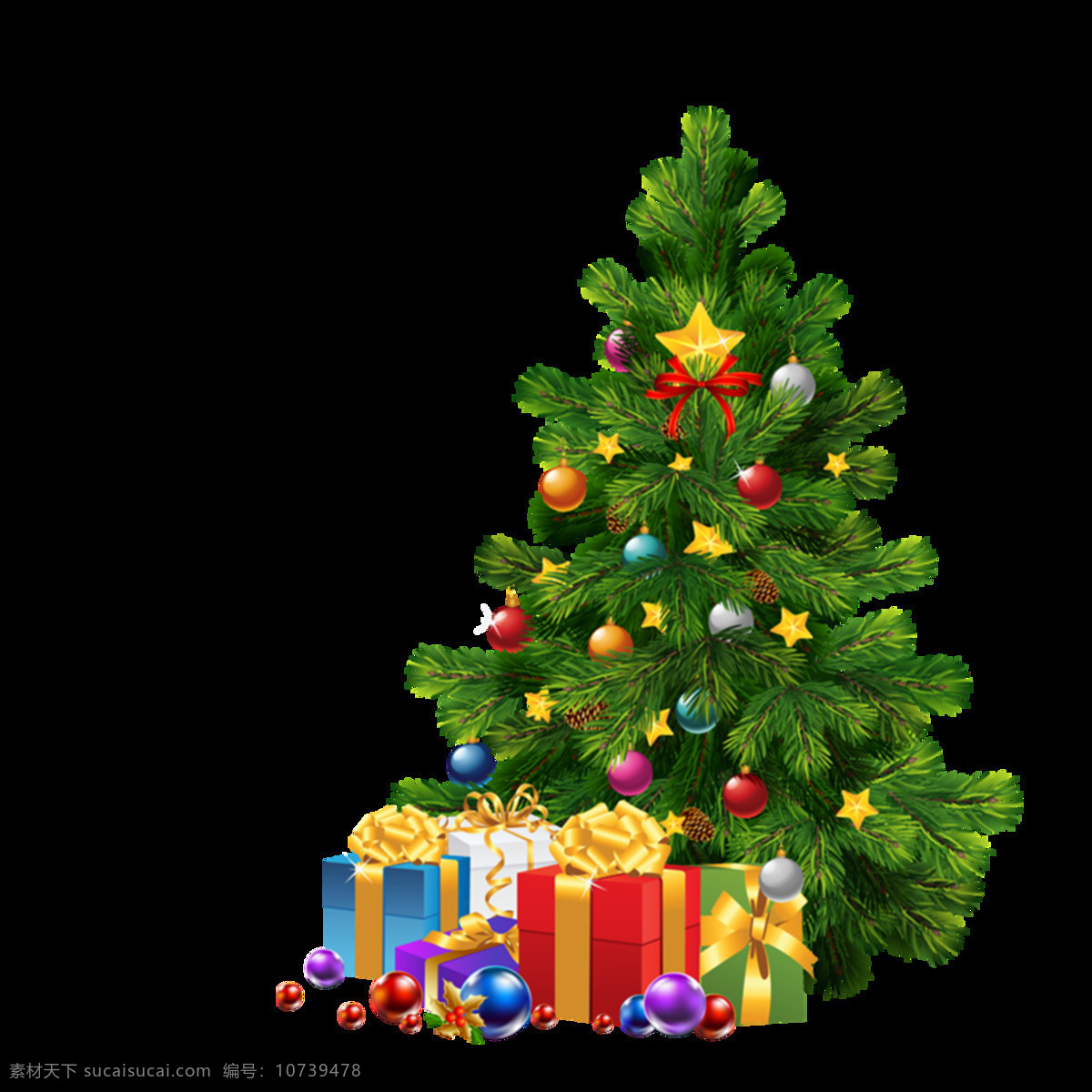 手绘 圣诞树 礼物 元素 圣诞节 装饰 礼盒 彩球 免抠