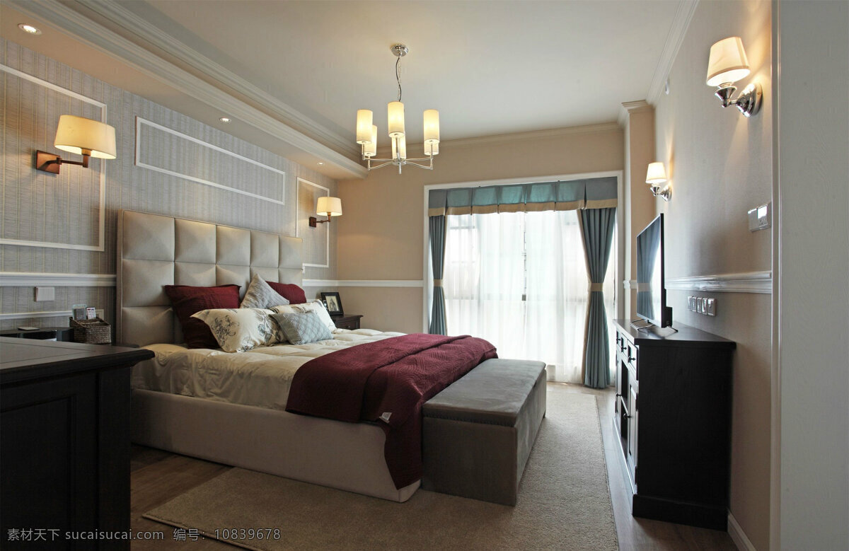 简约 卧室 吊灯 装修 效果图 壁灯 床头灰色背景 木地板 床铺 门框