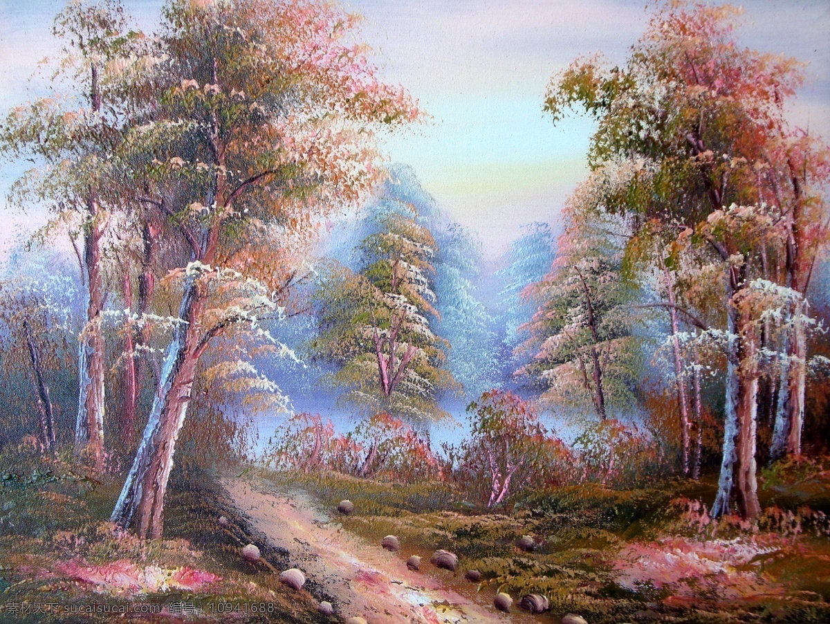 风景画 绘画书法 蓝色调 森林 树 树林 文化艺术 唯美风景画 紫色 雾 雾气朦胧 雾里看花 行画 风景行画 油画素材 装饰素材