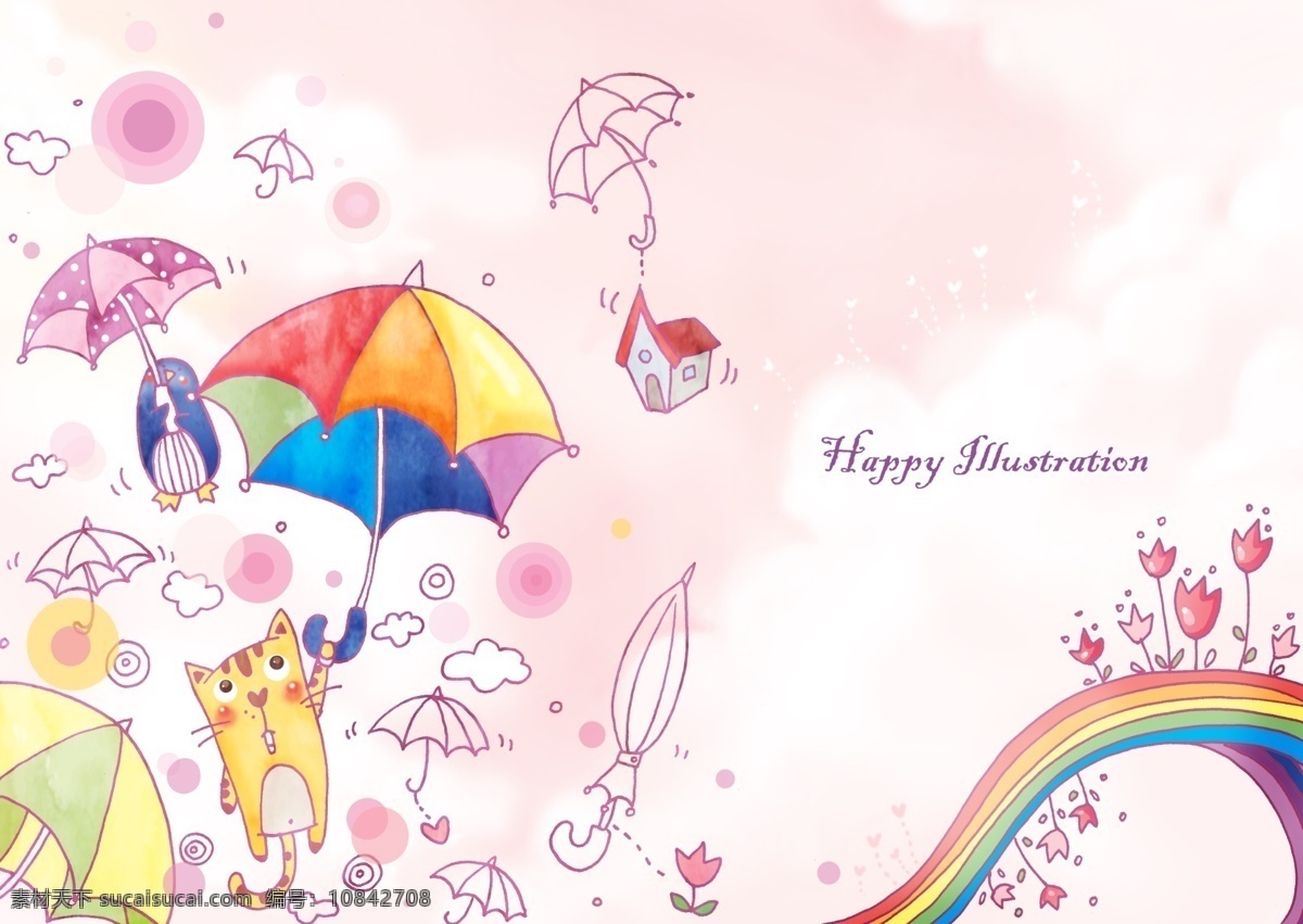 打着 彩色 雨伞 小猫 插画 psd素材 彩虹 彩色雨伞 小伞 psd源文件