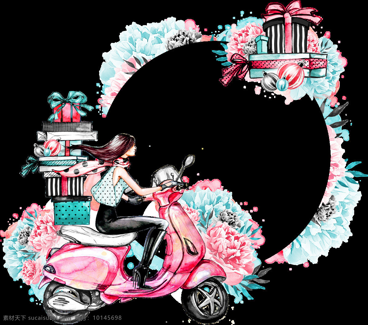 粉色 系 少女 电动车 花环 透明 粉色系 卡通 抠图专用 装饰 设计素材