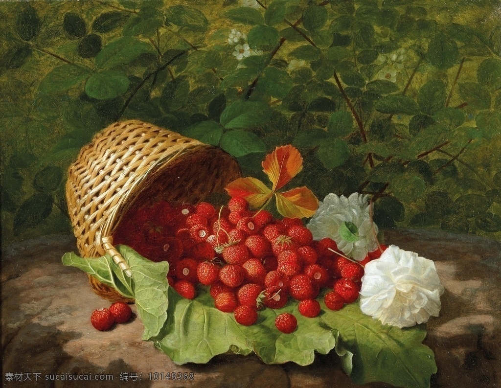 静物水果 草莓 白玫瑰 野外 大石头 水果篮子 19世纪油画 油画 文化艺术 绘画书法