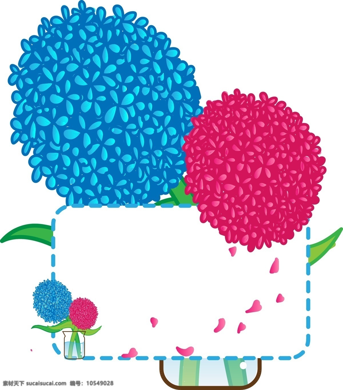 矢量 绣 球花 植物 边框 商用 插画 元素 蓝色 粉色 渐变花朵 花朵边框 手绘风 鲜花冰箱贴