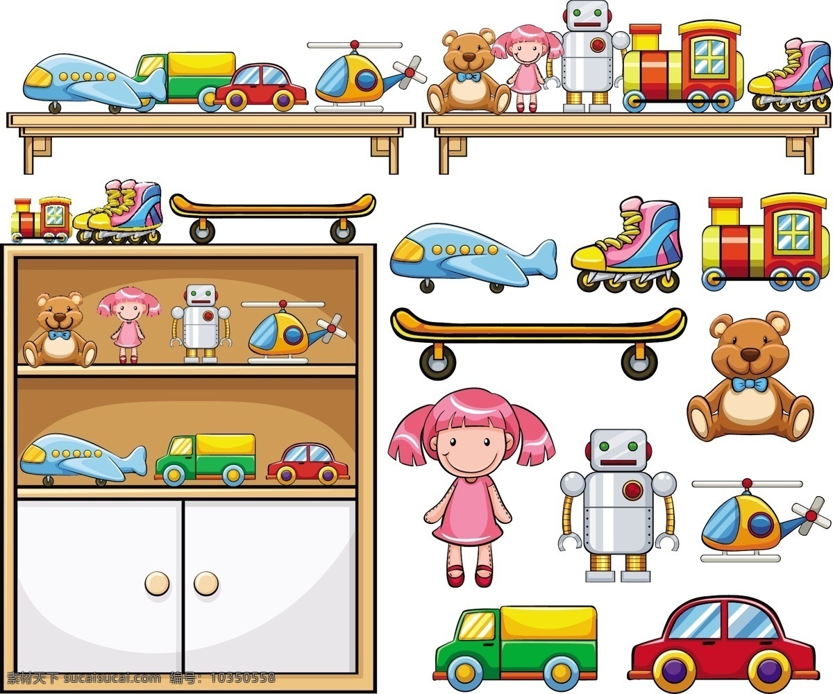 木制 架子 上 不同 玩具 背景 汽车 卡通 动物 艺术 白色背景 平面 图形 熊 机器人 绘画 白色 团体 交通 洋娃娃 路径 背景白色
