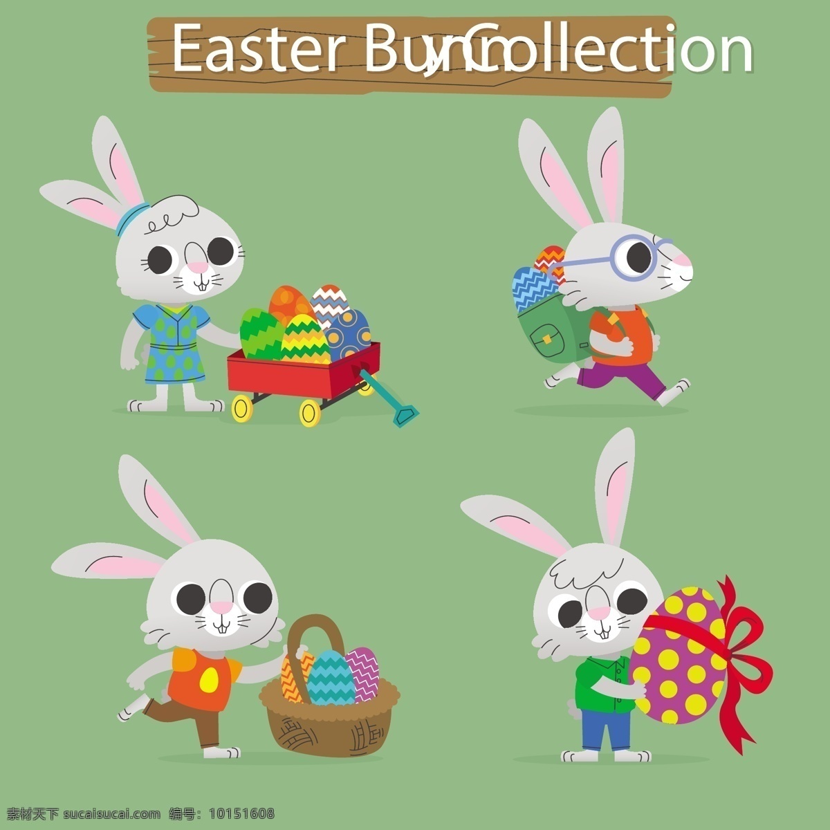 彩蛋 插画 动物 复活节 鸡蛋 节日 卡通 丝带 兔子 系列