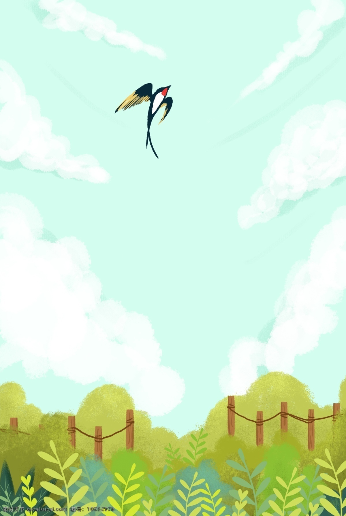 简约 只 飞 蓝天 燕子 背景 天空 手绘 白云 卡通 云朵 草地 草坪 海报