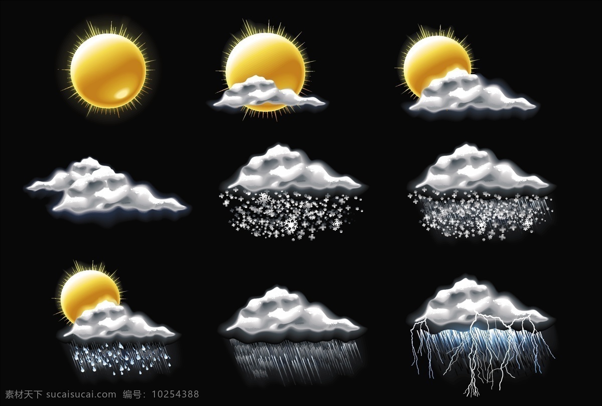 天气 图标 矢量 太阳 多云 阴天 下雨 大雨 雷阵雨 矢量素材 天气预报