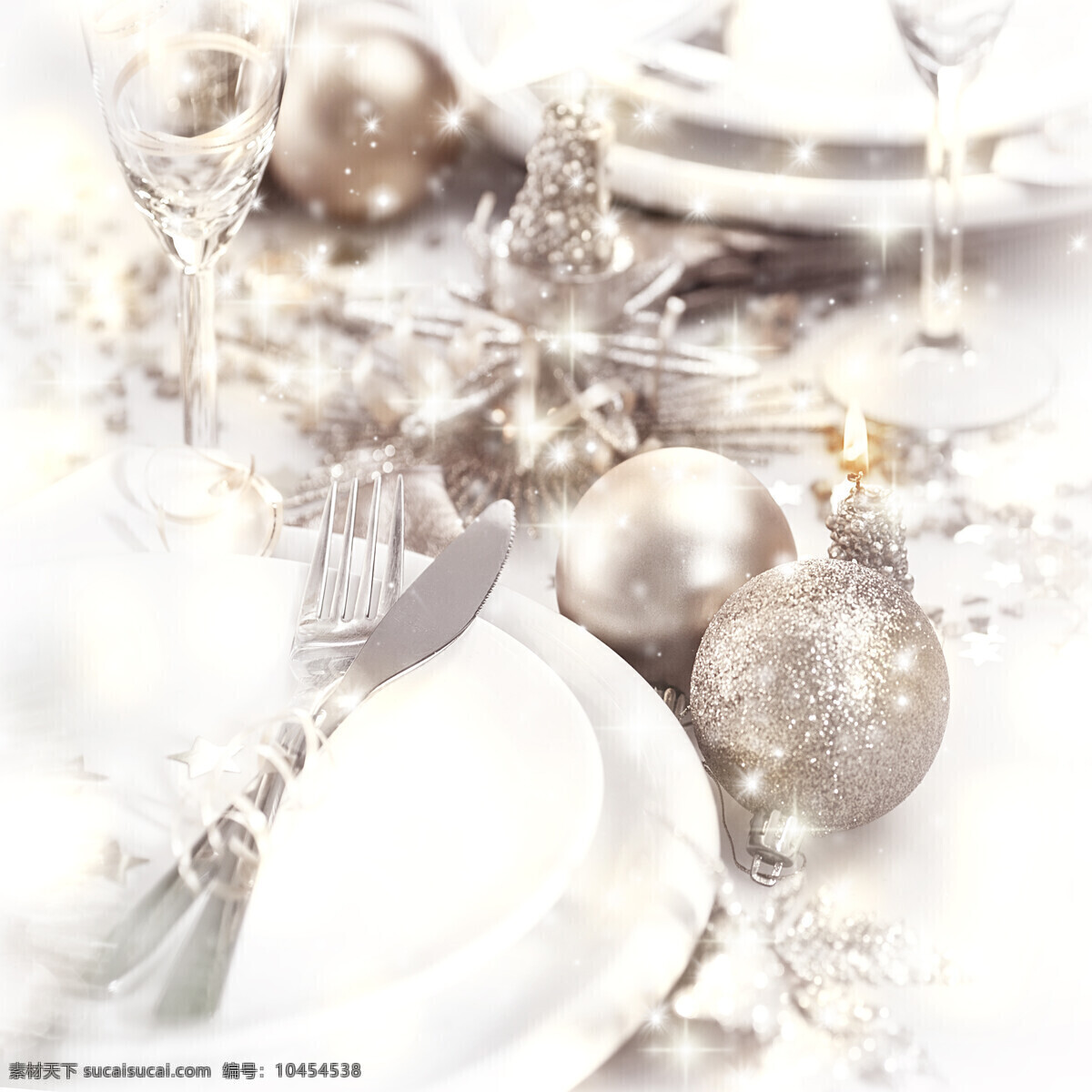 餐具 圣诞球 盘子 装饰物 星光 圣诞节 美食图片 餐饮美食