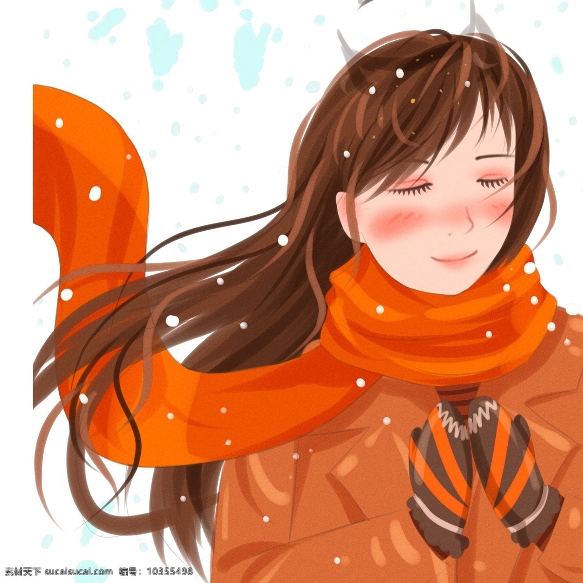 冬季 清新 唯美 大雪 中 女孩 围巾 插画 少女 手套 闭眼 感受 人物设计 卡通手绘