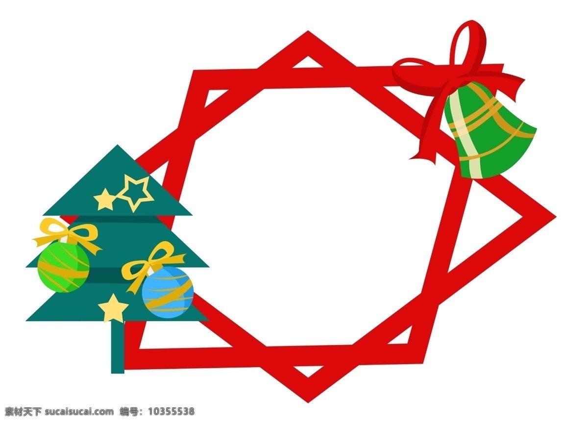 手绘 圣诞树 边框 插画 红色丝带边框 黄色星星边框 彩球边框 红色边框插画 圆球 圣诞节