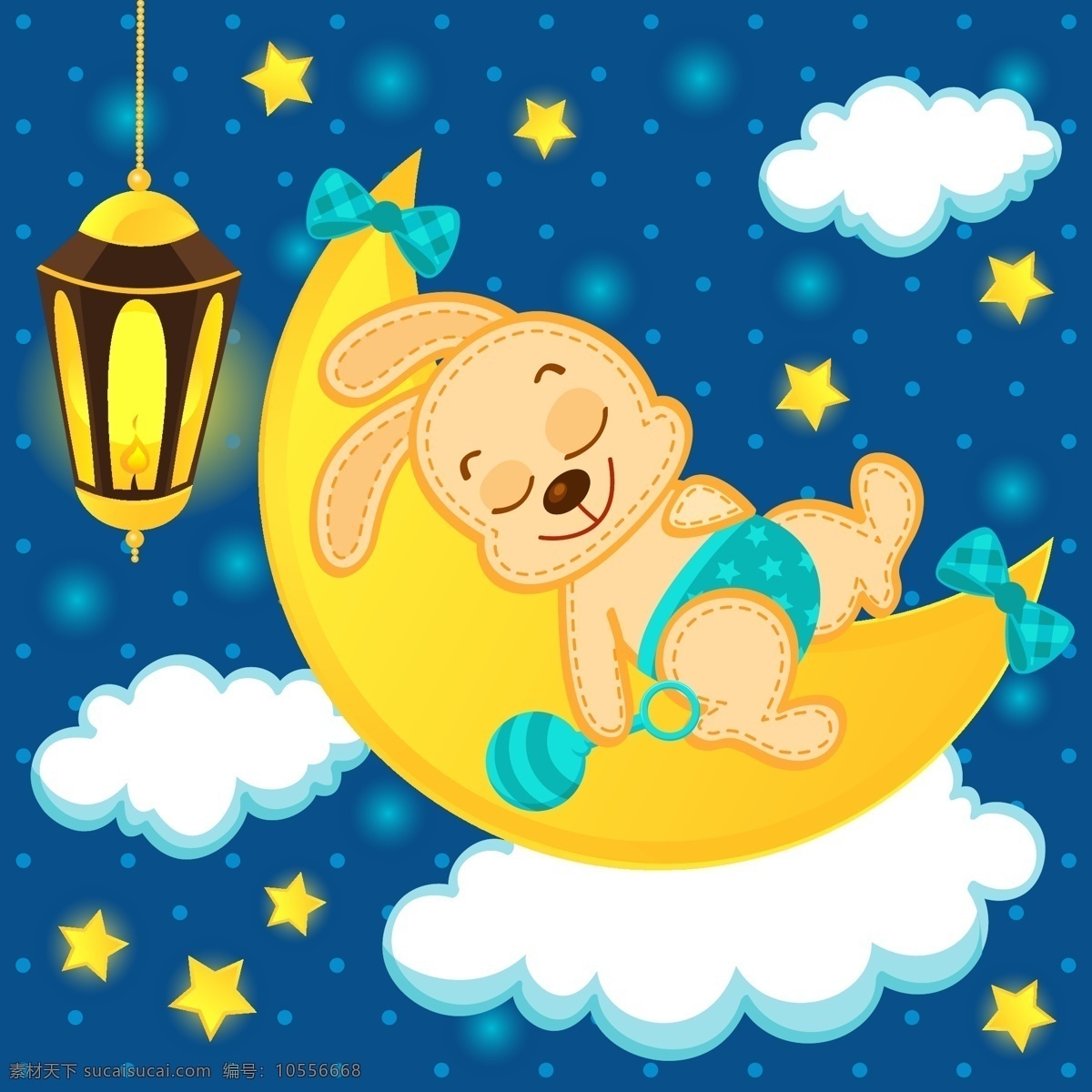 卡通 兔 宝宝 灯 夜空 月亮 兔宝宝 睡觉的兔宝宝 矢量图 矢量人物