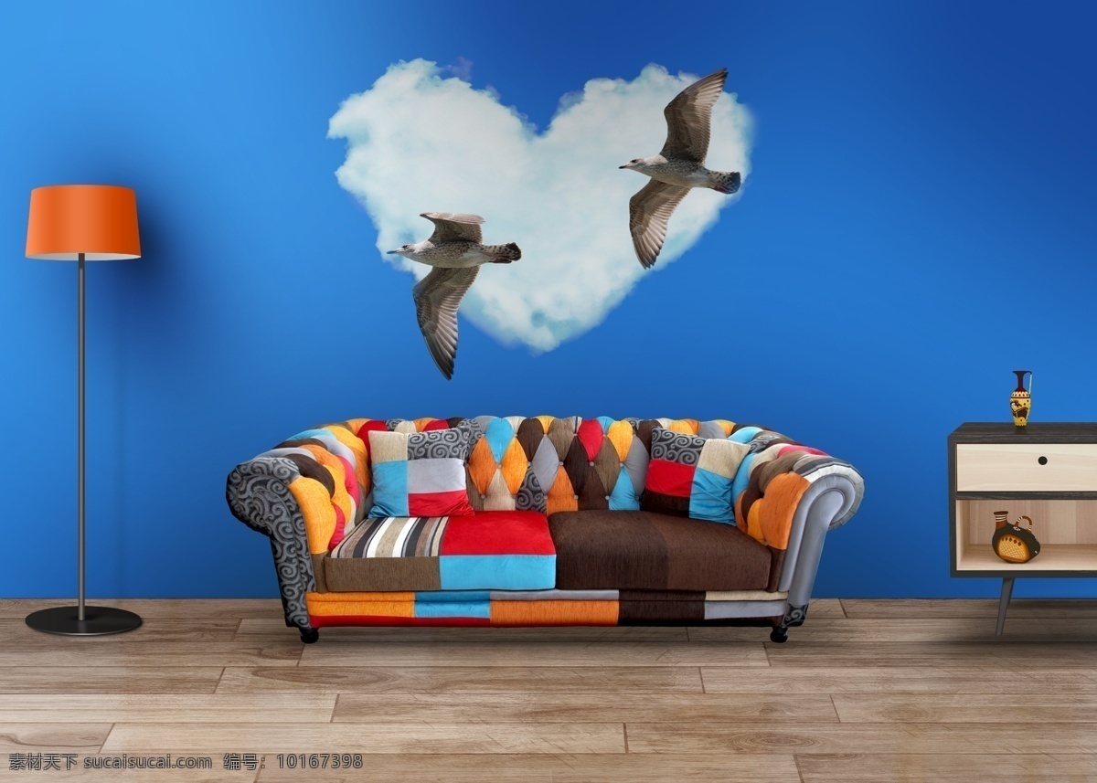 室内效果 彩色沙发 木地板 高灯 白云心 海鸥 创意效果 高品质场景 蓝色背景 环境设计 其他设计