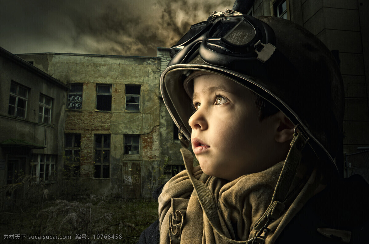 战争 使 天空 黑暗 孩子 头盔 破败的房屋 黑色的天空 期望 和平 眼神 军事武器 现代科技
