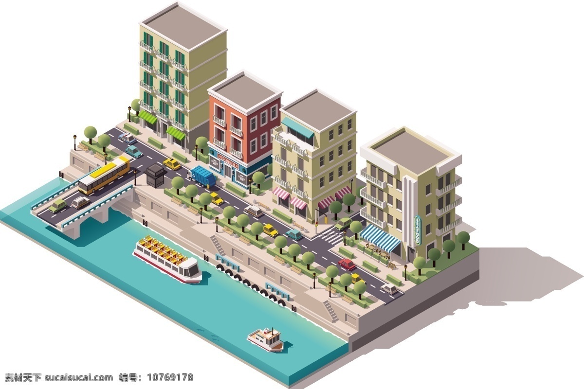 立体 城市 高楼 建筑 插画 城市规划 河道 外观