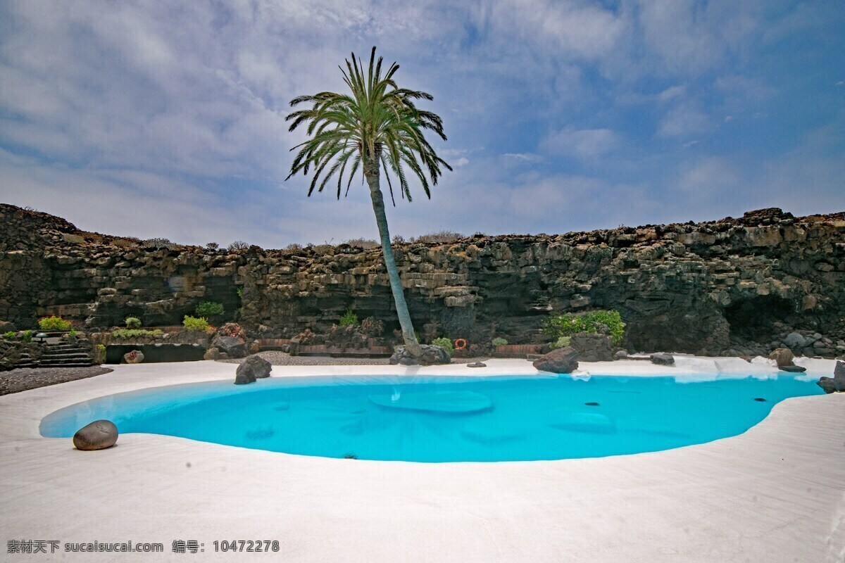 热带泳池 兰萨罗特岛 加那利群岛 西班牙 非洲 岩浆的洞穴 绿洲 池 棕榈树 热带 椰树 泳池 旅游摄影 国外旅游