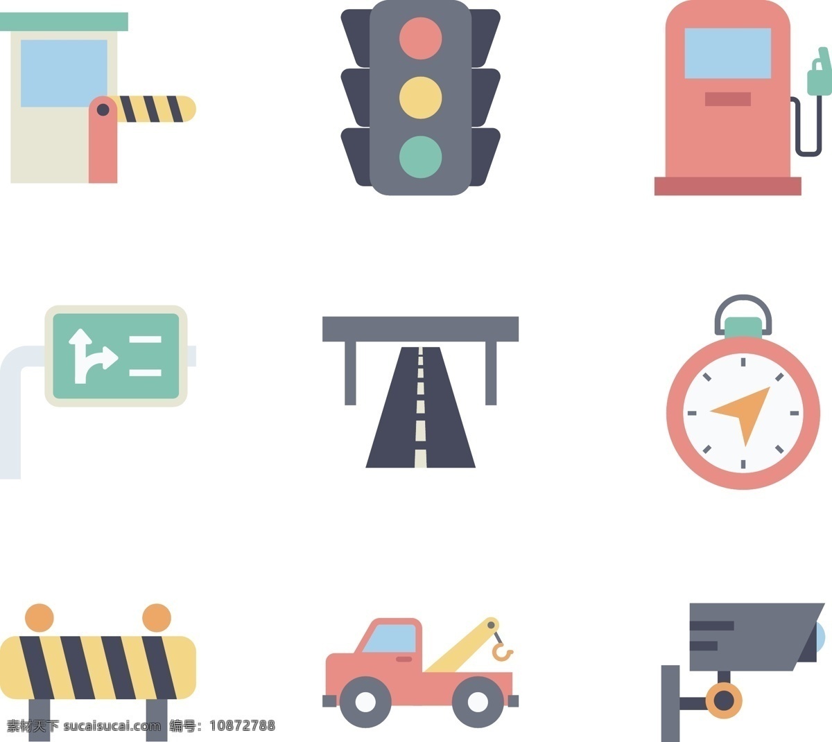 扁平交通图标 交通图标 图标 图标设计 矢量素材 交通 红路灯 吊车 加油站 指示牌