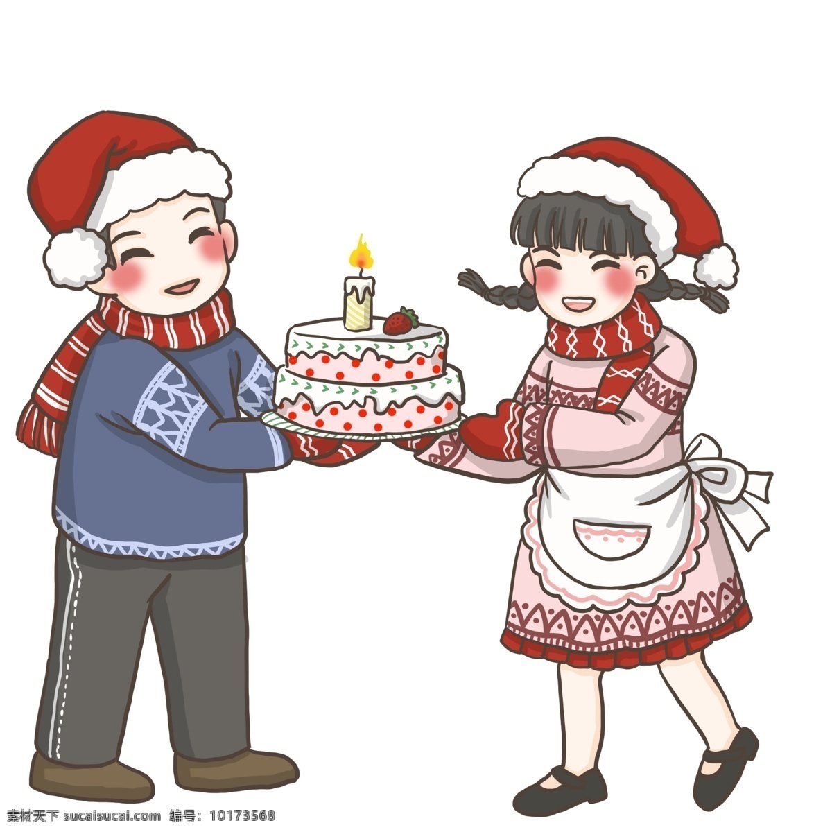 情侣 圣诞 蛋糕 冬天 冬装 圣诞节 红色衣装 可爱风小贴纸 双人 温暖甜美 开心 圣诞蛋糕 情侣围巾 围裙