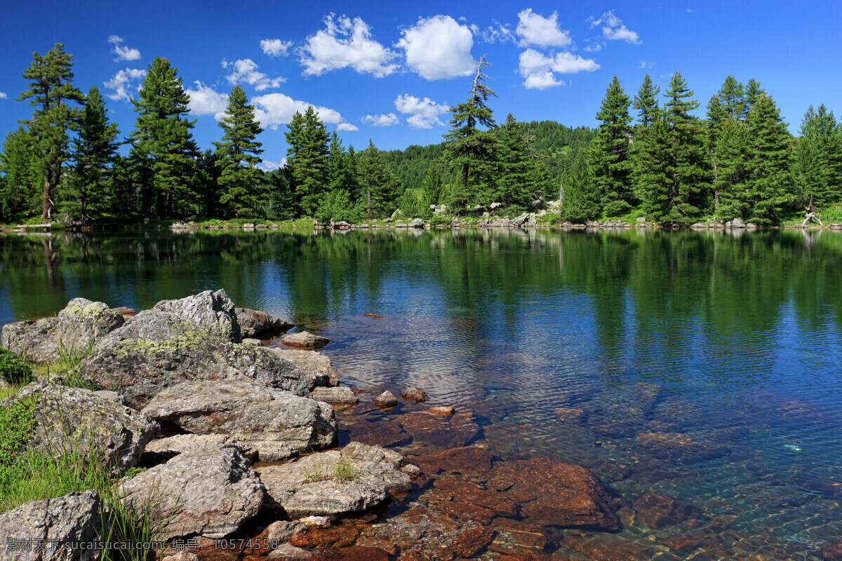 绿树 湖面 石头 清澈的水 树木 蓝天 白云 自然美景 自然风景 自然景观 黑色