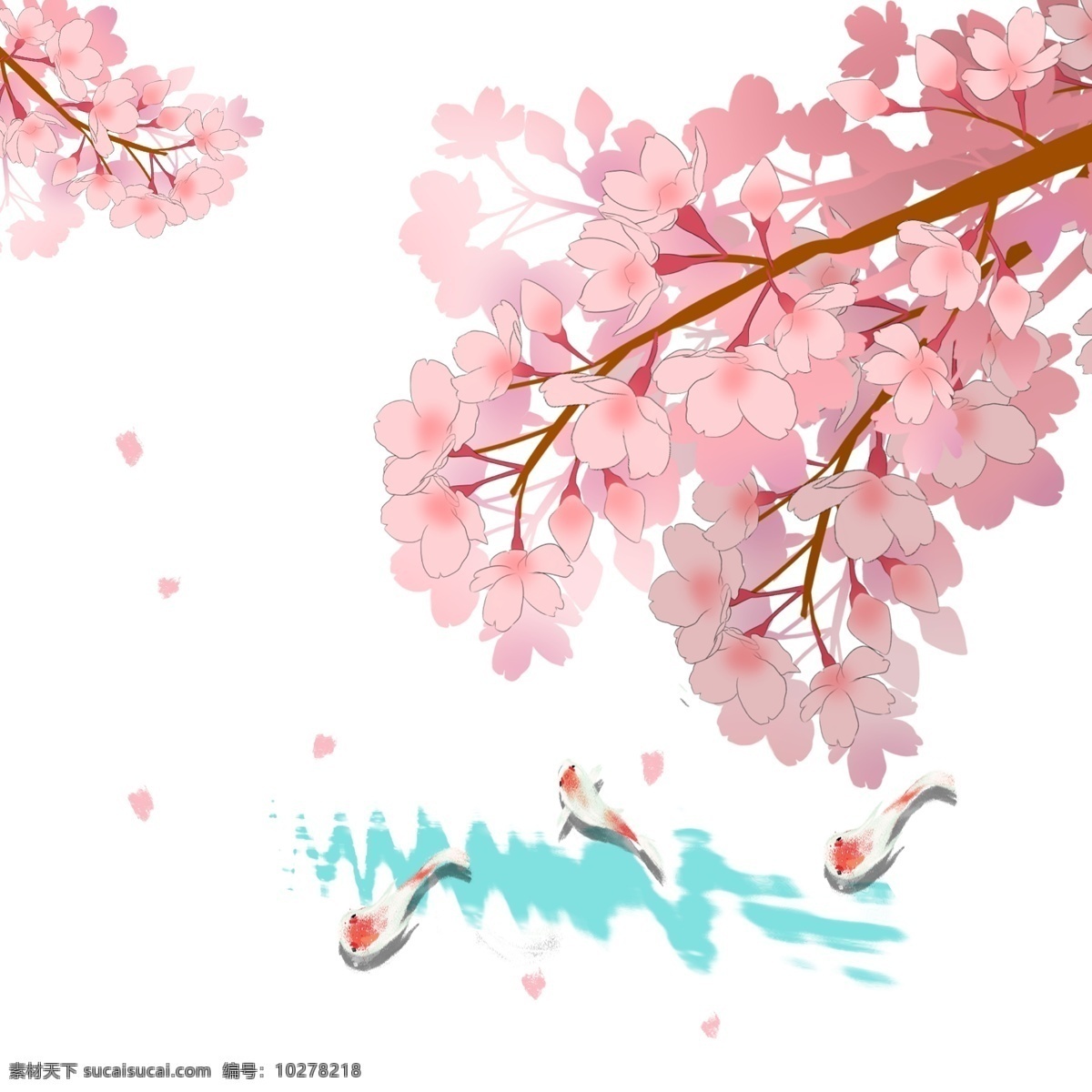 日本 樱花 锦鲤 唯美 风景 春季 春天 花卉 花朵 粉色花瓣 樱花树 树枝 观赏樱花 手绘樱花 水纹 波浪 池塘景致