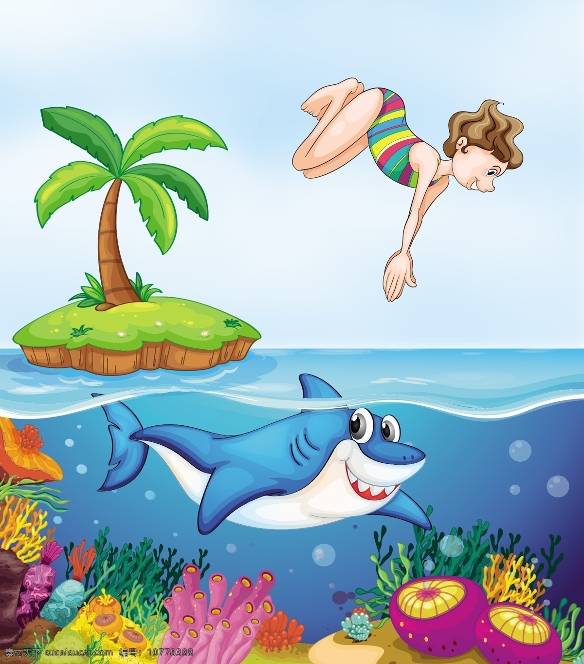 卡通海底 可爱 卡通 背景 人物 动物 海洋 跳水 鲨鱼 椰树 树叶 水泡 气泡 水草 珊瑚 海底 自然风景 自然景观 矢量