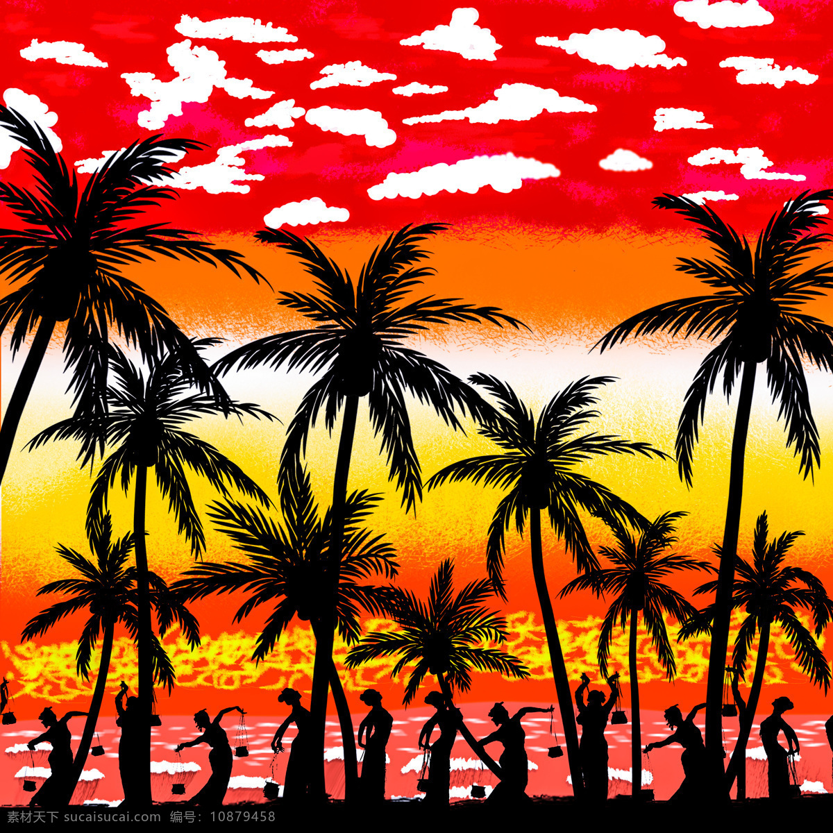 手绘 椰子树 剪影 插画 贴图 卡通椰子树 波浪 海浪 水花 卡通树 矢量树 椰子 树木树叶 生物世界 矢量 泳衣 游泳 帆船