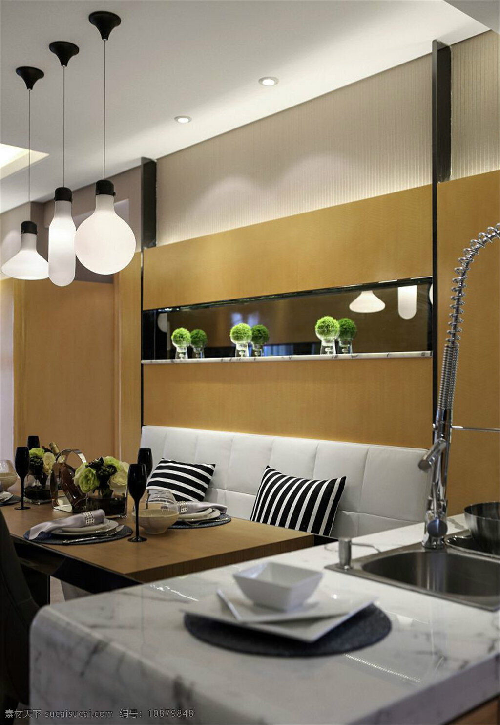 现代 时尚 客厅 白色 灯泡 吊灯 室内装修 效果图 褐色背景墙 客厅装修 大理石洗手台 方形餐桌