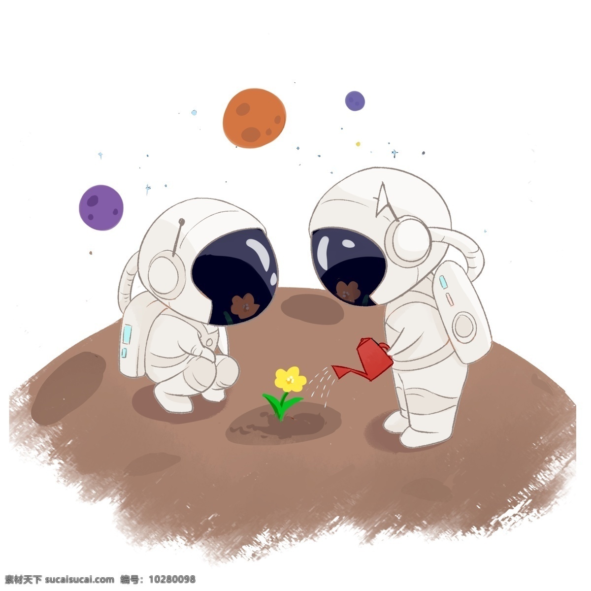 在外 星 浇 花 两个 宇航员 星球 宇宙 花朵 水壶 星空 深蓝