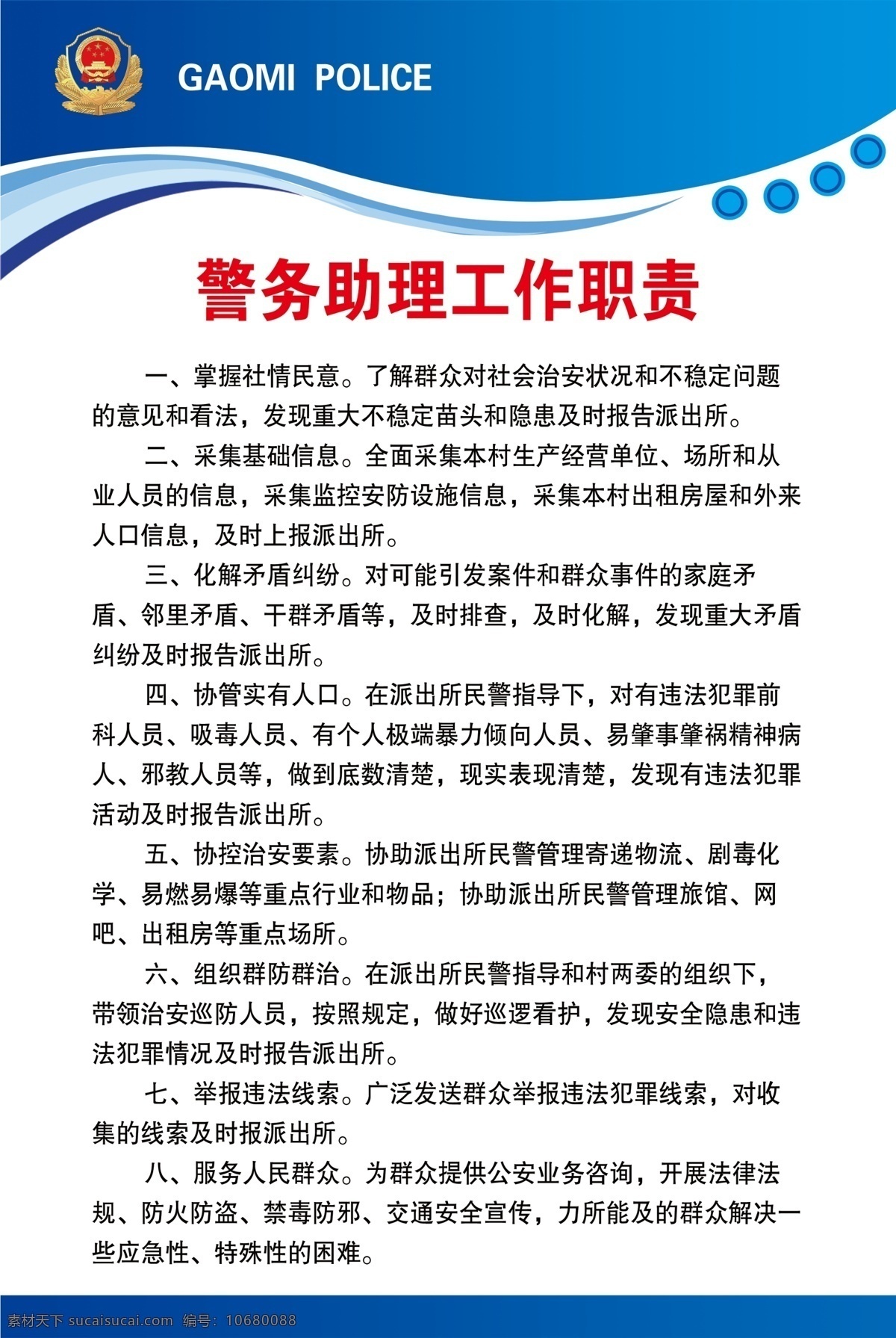 警务 助理 工作职责 蓝色制度背景 警务助理 警徽 警察 分层