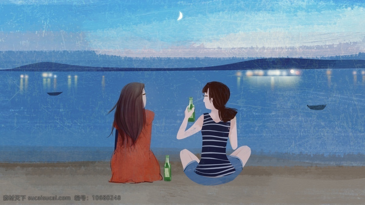 冰 爽 盛夏 傍晚 海边 沙滩 喝 啤酒 女孩 闺蜜 夏日 一夏 夏季 夏天 好朋友
