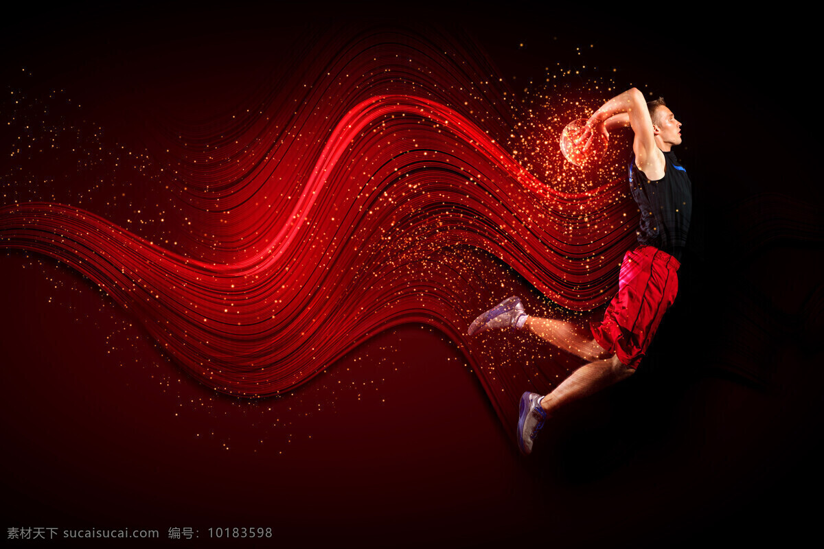 红色篮球精神 篮球 投篮 跳跃 运动员 红色背景 红色条纹 体育运动 生活百科 黑色