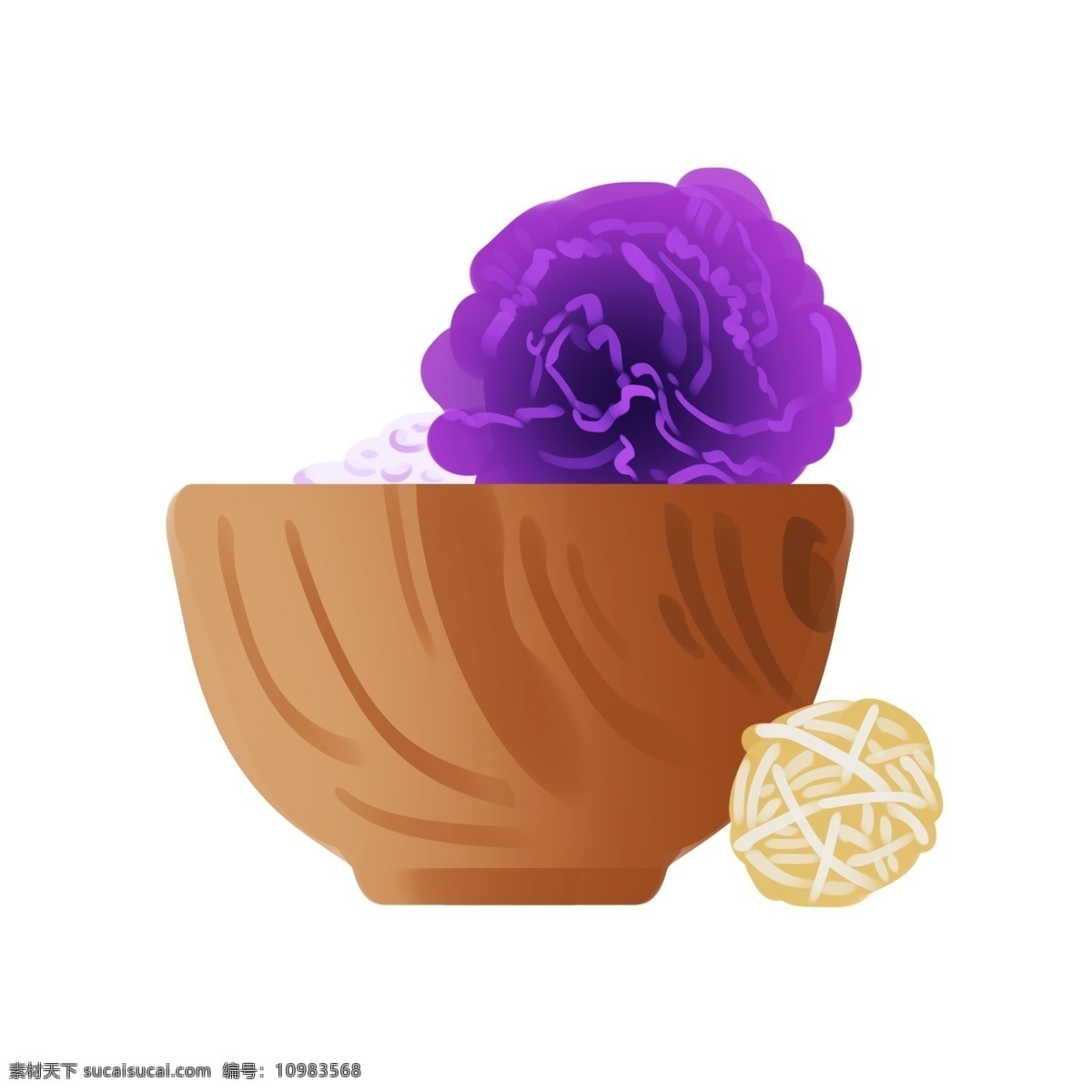碗 紫色 花朵 插画 调制美容面膜 美白面膜插画 一碗花朵 紫色花朵 棕色的大碗 漂亮的花朵 美妆