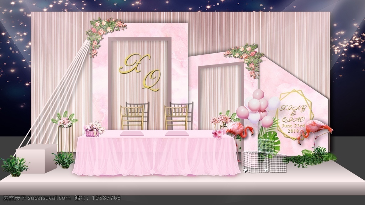 粉色 婚礼 3d 立体 签到 区 效果图 签到台 粉色花 粉色婚礼 火烈鸟