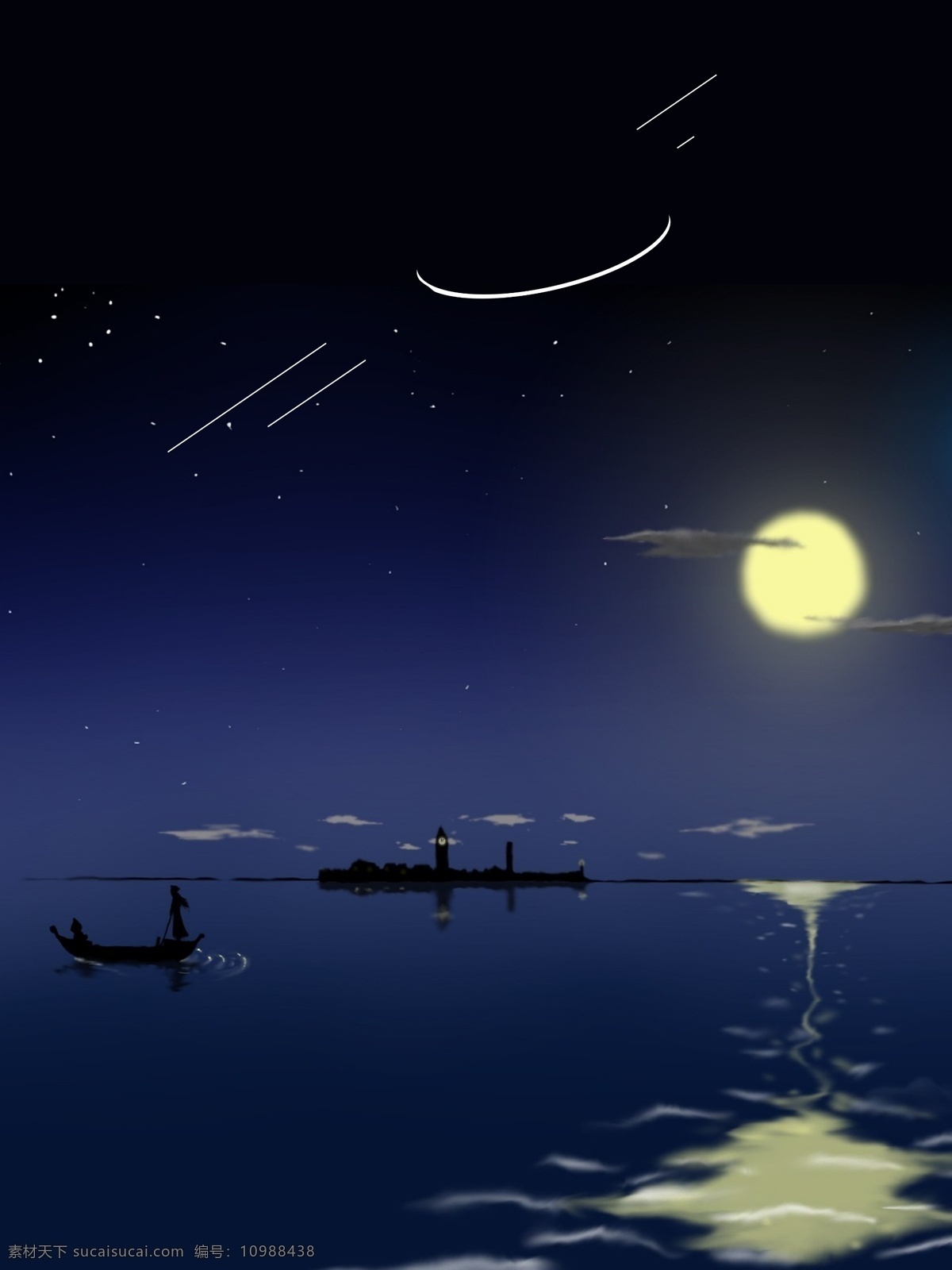 清新 湖面 月亮 广告 背景 广告背景 浪漫 星星 星空 云雾 手绘