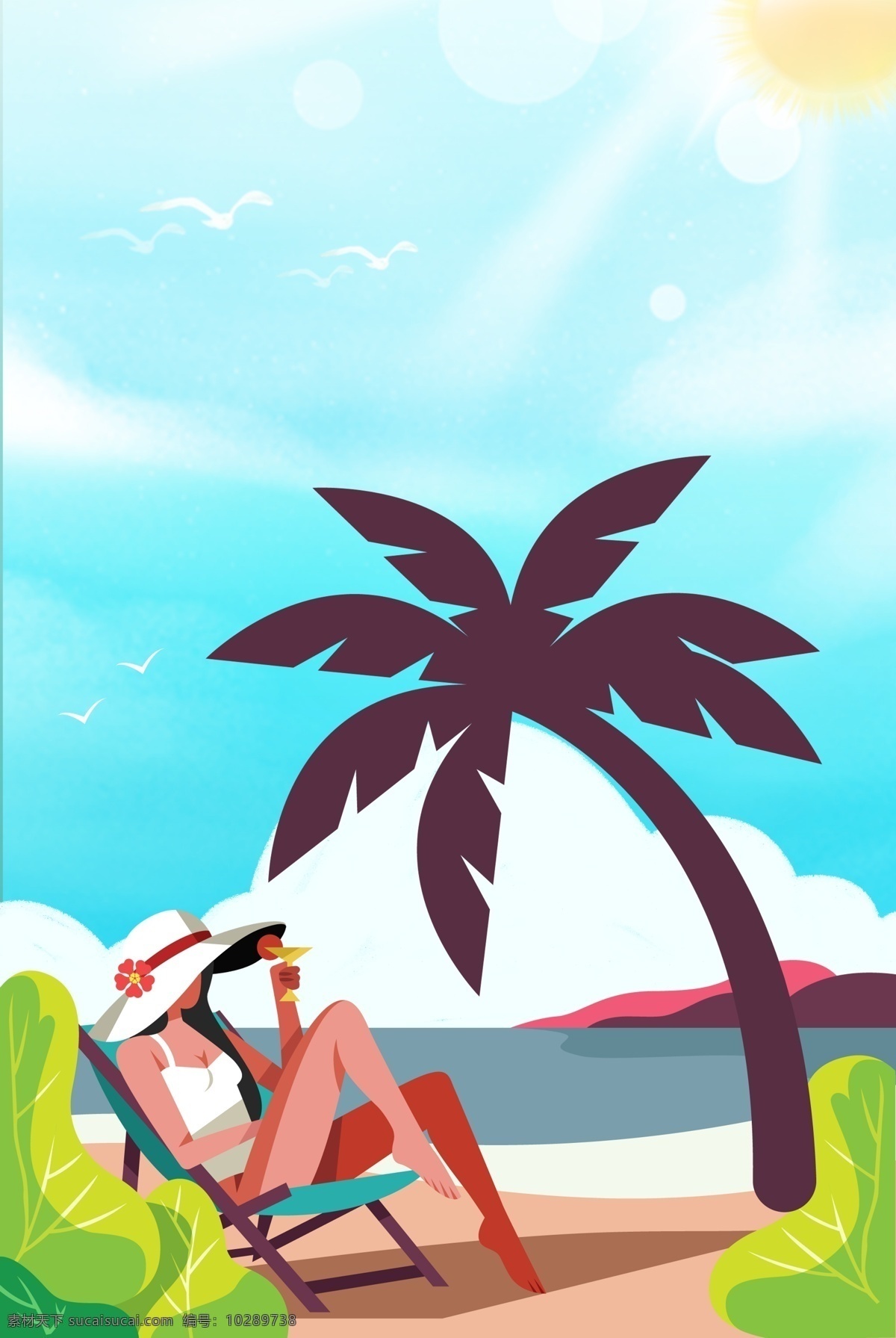 创意 简约 海景 自然风光 合成 背景 自然风景 风景 海边 海鸥 椰子树 海岛 卡通